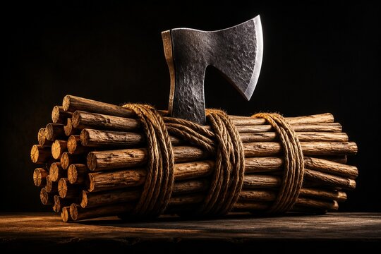 A bundle of wooden rods bound together with an axe blade emerging.
