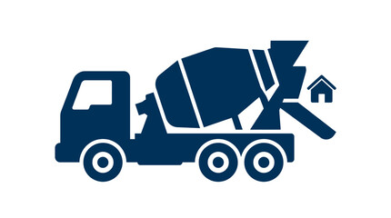Fototapeta premium Cement truck icon displays a rotating mixer drum alongside a small house symbol to illustrate residential construction services.