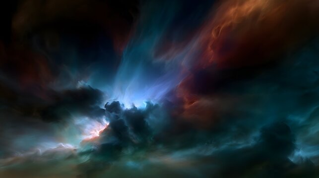 A dramatic and colorful abstract nebula displays swirling light patterns in deep space creating an ethereal and immersive cosmic scene