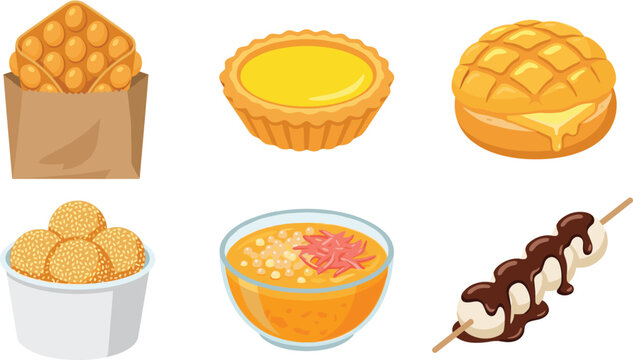 Hong Kong Street Food and Dim Sum Set Featuring Bubble Waffle, Egg Tart, Pineapple Bun, Sesame Balls, Mango Sago, and Curry Fish Balls Vector Illustration