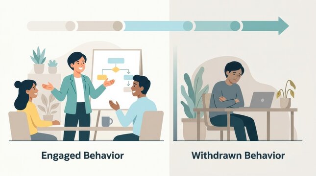 An illustration shows two scenes. One displays an engaging discussion among employees, while the other shows a withdrawn employee working alone.