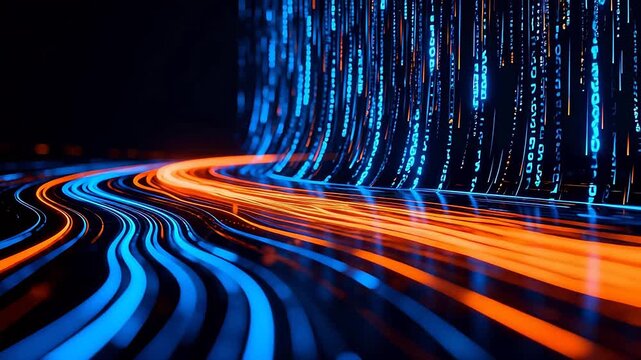 Digital binary code flowing with light trails