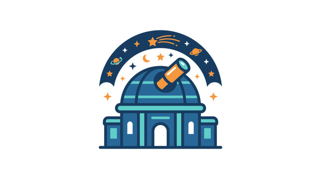 Observatory building icon with telescope and space elements