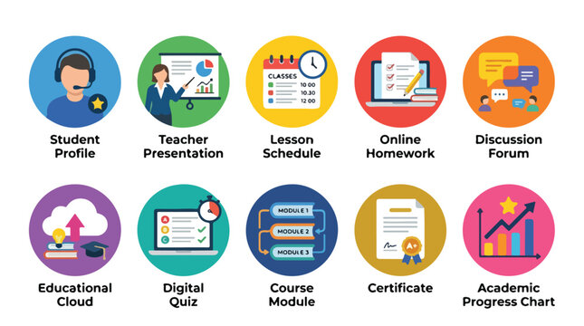 Set of ten colorful flat icons representing digital education and e-learning concepts.