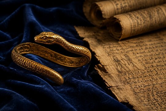 Golden serpent armlet on blue velvet with aged papyrus scrolls, historical elegance.