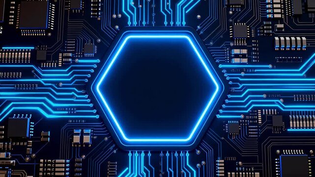 Circuit board with glowing hexagon