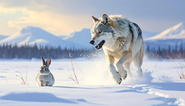 Gray Wolf Chasing Rabbit in Snowy Winter Wilderness