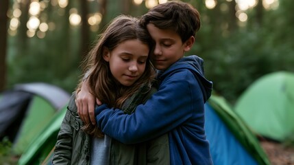 Fototapeta premium Supportive siblings enjoy a tranquil weekend camping trip surrounded by soft inviting ambient light in nature
