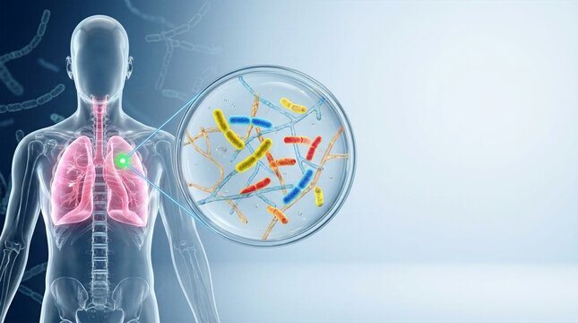 Digital illustration of transparent human torso with pink lungs and magnifying glass showing colorful rod bacteria.