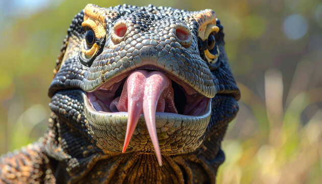 Close up of a Komodo dragon flicking its forked tongue