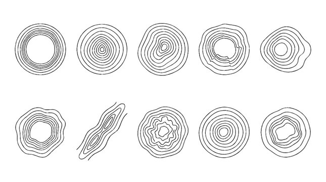Set of black and white topographic map contour line circles and organic shapes.