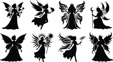 Fairy queen silhouettes vector set featuring magical elven princesses with crowns wings and magic wands © Hello World