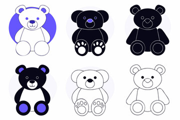 Fototapeta premium Cute teddy bear icons, vector illustrations, black and white, colorful, 6 piece set
