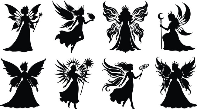 Fairy queen silhouettes vector set featuring magical elven princesses with crowns wings and magic wands