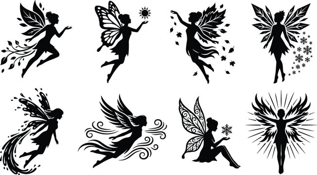 Fairy silhouette vector set featuring magical nature fairies representing four seasons and elemental spirits