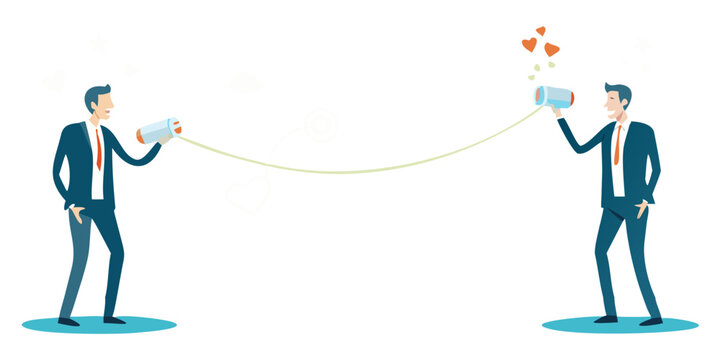 Two businessmen communicating with string telephone flat vector illustration