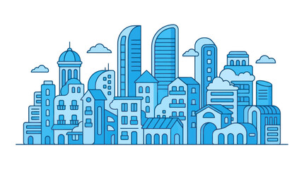 Obraz premium Modern Cityscape Illustration, Blue Buildings, Skyline, Architecture Design