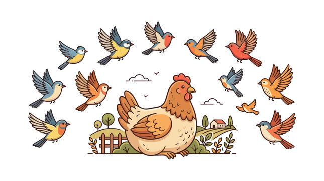 Cute Chicken and Birds Flying Around Farmhouse and Fields Illustration