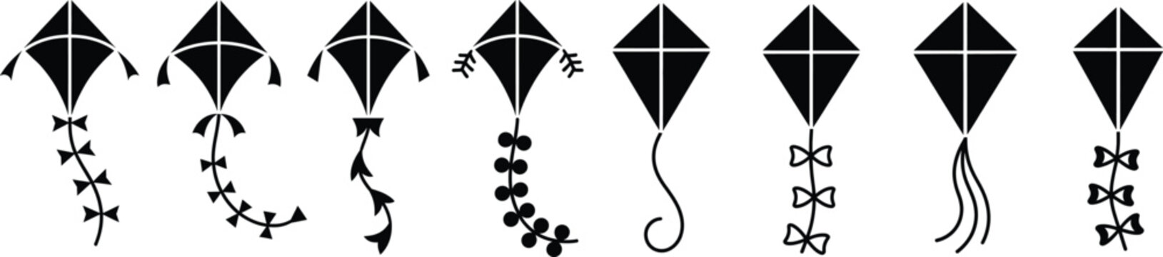 Kite vector icons set with various designs and styles, perfect for children's events and outdoor activities.