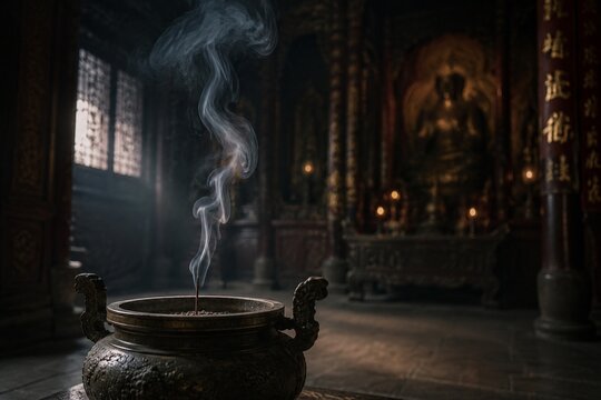 Inside an ancient temple, a thin wisp of smoke rises from an incense burner.
