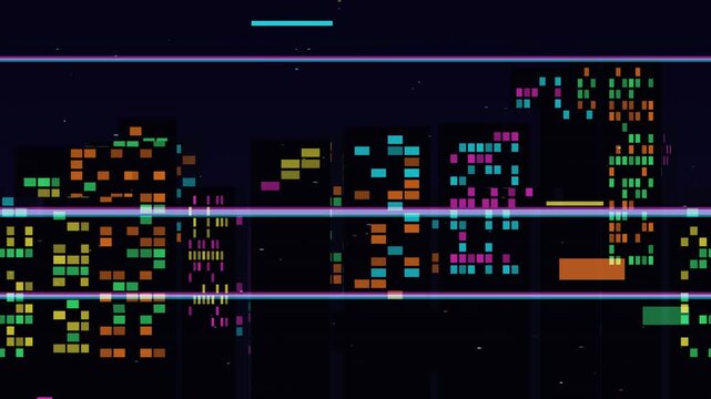 Cyberpunk Cityscape Abstraction with Blocky Pixel Glitches