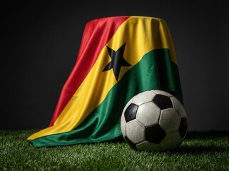 Fototapeta premium Soccer ball resting on vibrant national flag with green grass background in dramatic lighting
