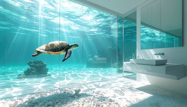 Luxury underwater bathroom interior with a massive glass wall revealing a sea turtle swimming by. An extraordinary fantasy architectural design 