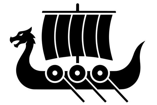 Vector silhouette of Viking longship with dragon prow, shields, and sail. Minimalist design symbolizing exploration, heritage, and Norse seafaring tradition.