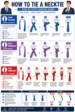 Colorful and simple educational infographic vector illustration concept showing the step by step guide on how to tie a necktie, including the Four in Hand knot, Half Windsor knot, and Full Windsor kno