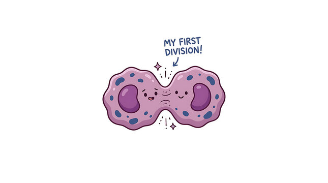 A cartoon illustration of a pink cell with blue spots and a smiling face divides with excitement saying My First Division!