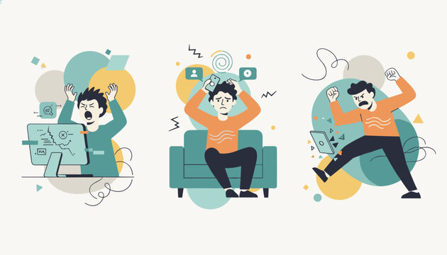 Concept of modern life stress and digital addiction showing men frustrated with computer screens, phones, and social media pressure.
