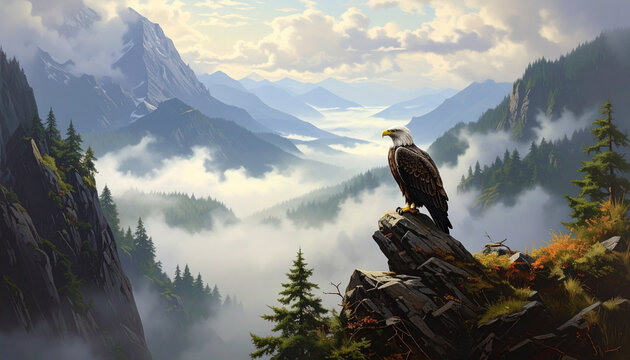 Bald Eagle Perched on Rocky Cliff overlooking Misty Mountain Valley