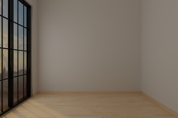 A minimalist, empty room interior featuring the soft, dim lighting characteristic of a late afternoon after the rain. The space showcases clean, modern minimalist architecture, a side-angle view,  © asep