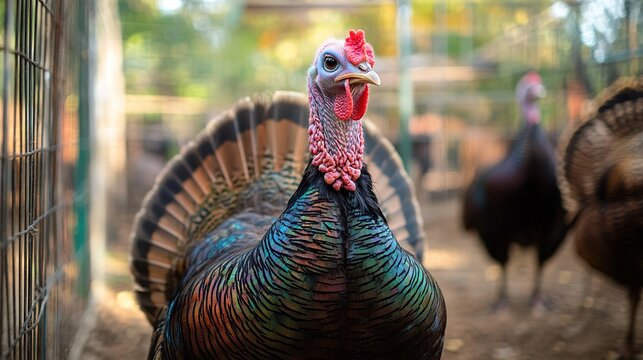 Turkey with Stunning Plumage in Farmyard, Showing Off Vibrant Feathers