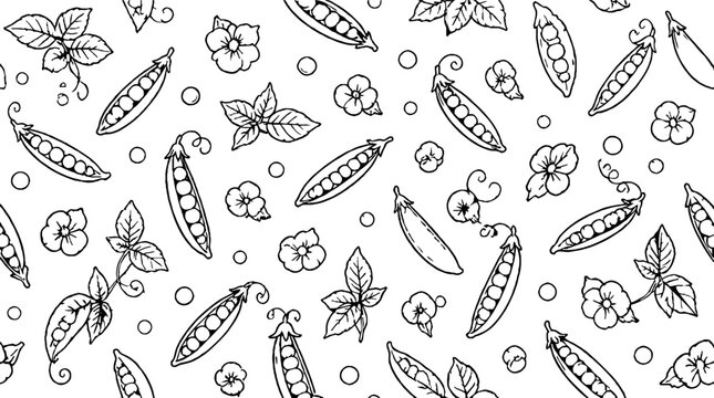 Hand drawn pea pods and flowers seamless pattern.