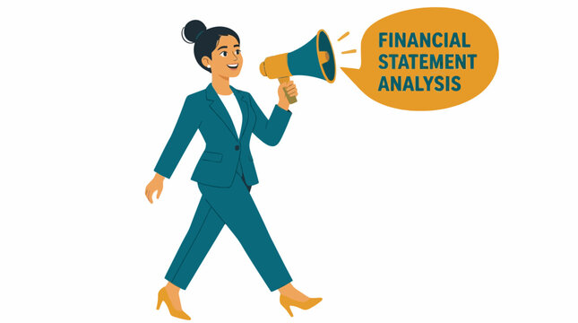 Woman with megaphone announcing financial statement analysis.