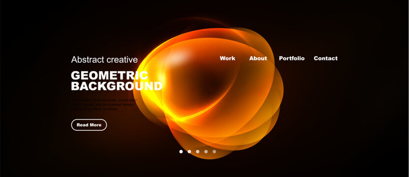 Dark background features abstract orange geometric shapes, text, navigation menu, plus button for more information. Simple design.