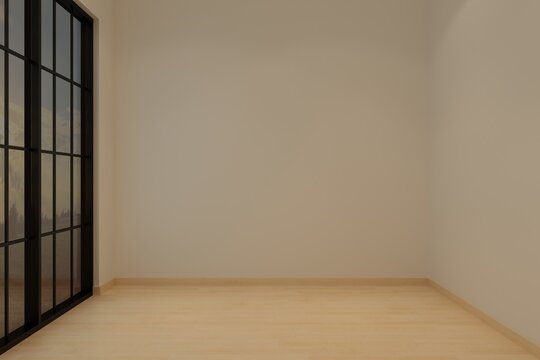 A minimalist, empty room interior featuring a nighttime atmosphere and soft ambient lighting. The space boasts clean architecture with a modern minimalist design, a side-view perspective, and an open 