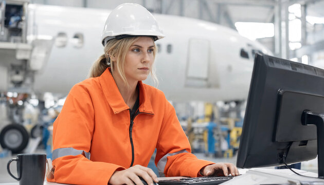 Professional female aircraft technician working at a computer in an airplane hangar, white hard hat and orange safety jacket, focused on maintenance operations