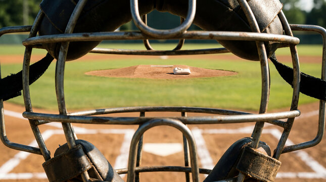 The view looking directly through the wires of an umpire's mask toward pitch catcher perspective