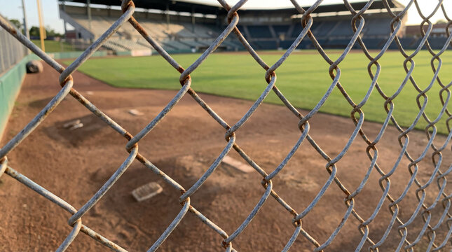 Chain-link fence separating the bullpen from the main playing field in large professional baseball stadium