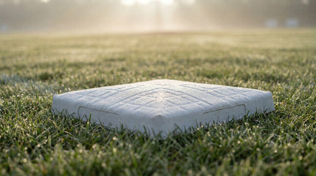 First base canvas pad perfectly clean against morning dew in serene baseball field with grass