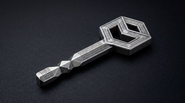 Solid Silver Key Features Geometric Binary Matrix Design for Modern Digital Security and Encryption Systems
