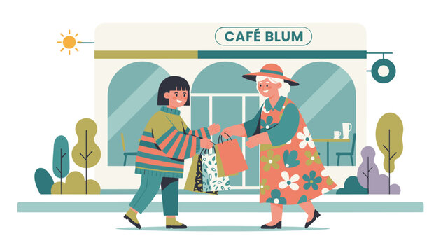 Cheerful young woman receiving several colorful shopping bags from an older lady in front of a cafe called Blum on a bright sunny day.