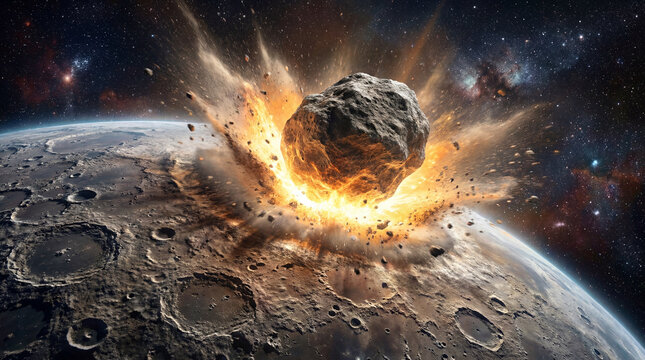 Dramatic cosmic epic view of a massive asteroid slamming into cratered planet sending blinding shockwave