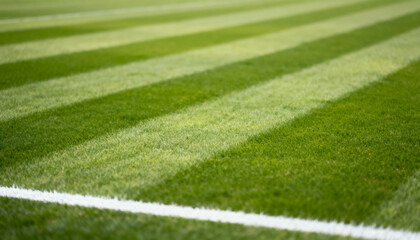 Obraz premium Premium green grass background, striped football turf and white sideline close up, football and soccer wallpaper, stadium banner, sports poster design, wide 16:9 image with copy space