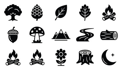 Nature and forest elements vector icon set with tree, pine cone, leaves, campfire, mountains, river, log, stump, acorn and moon symbols, editable outline collection for eco, camping and outdoor design © Sami