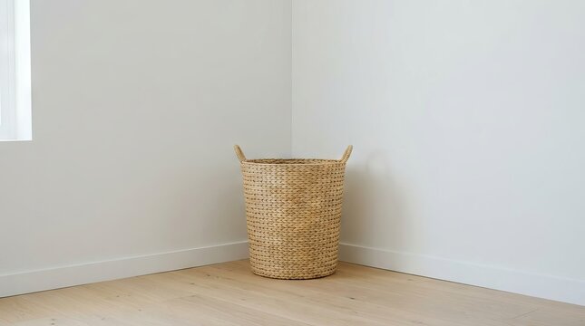 Minimalist woven wicker laundry basket in a bright empty room corner.