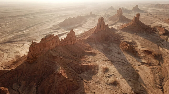 Jagged Mudstone Pinnacles Rise From Dry Desert Floor Creating Dramatic Geological Landscape Texture