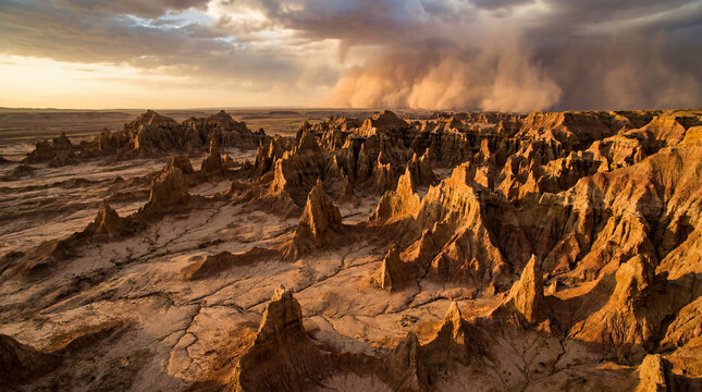 Stunning geological formation of jagged mudstone pinnacles rising from a dry dusty barren desert floor